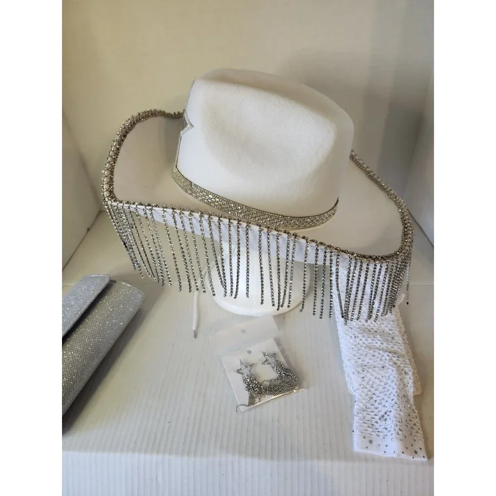 Womens Rhinestone-Cowgirl Hat Wide Medium-Large, White Purse-earrings & Sleeves